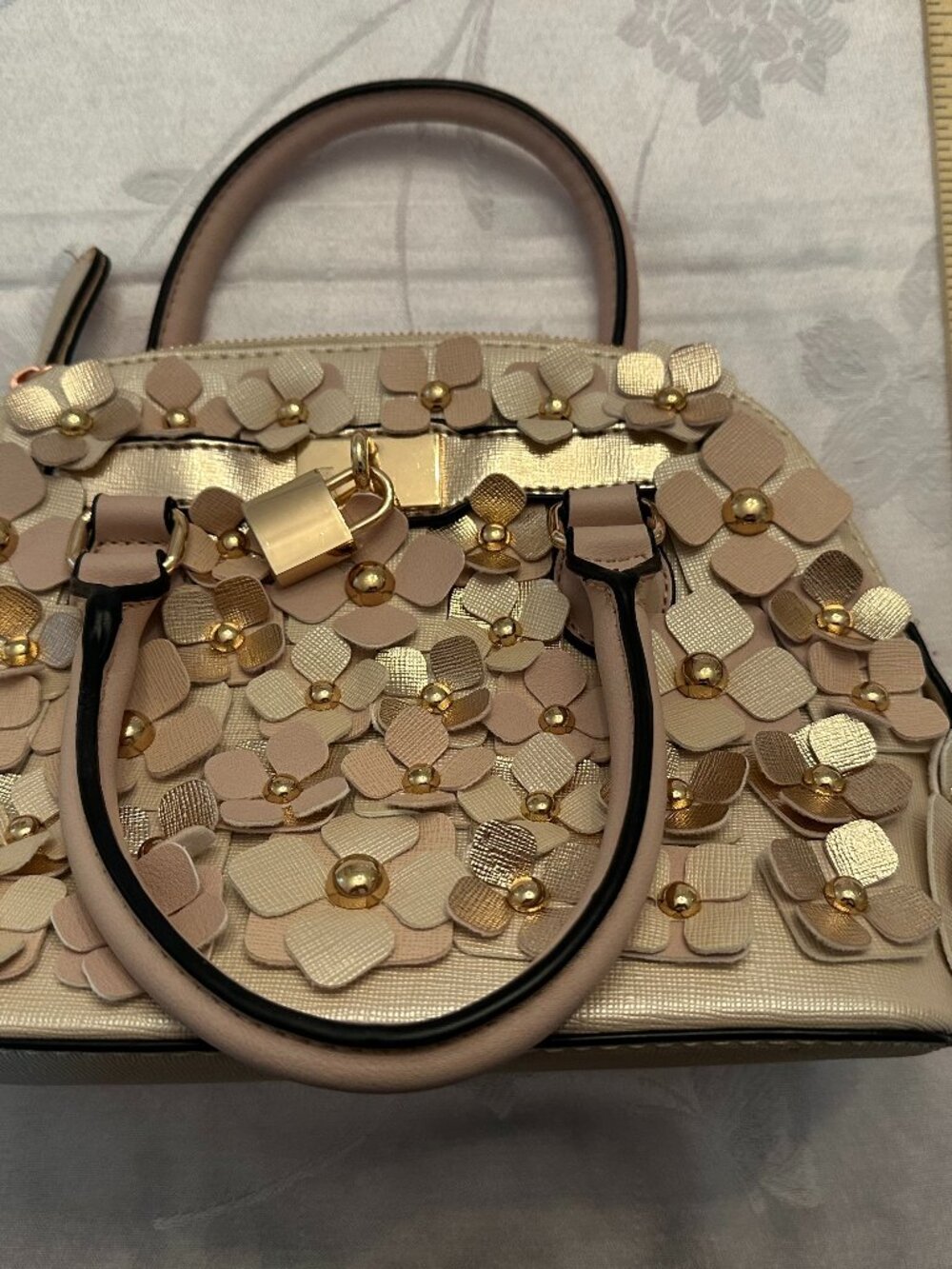 ALDO Champagne Gold 3D Floral Applique Mini Satchel Handbag Blush